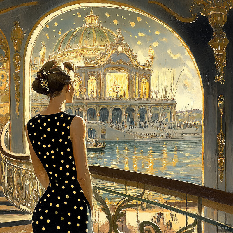 A woman in a black dress with yellow polka dots gazes out at an opulent building across the water.