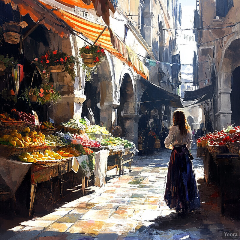 A woman strolls through an old European market, surrounded by stalls selling fresh produce and other goods.