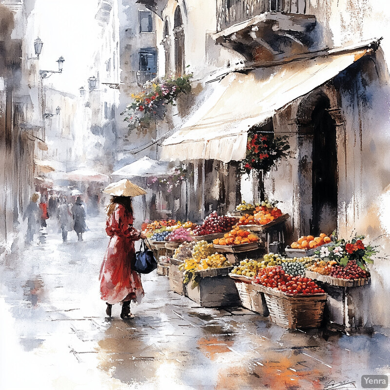 A woman strolls through a rainy outdoor market, surrounded by vibrant fruits and vegetables.