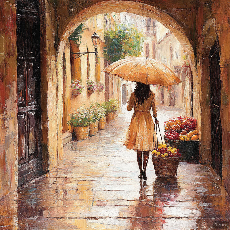 A woman walks down a cobblestone street on a rainy day.