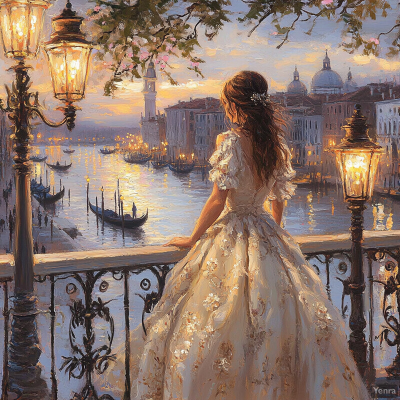 A woman gazes out at a body of water from a balcony or patio, surrounded by a tranquil scene with boats in the background.