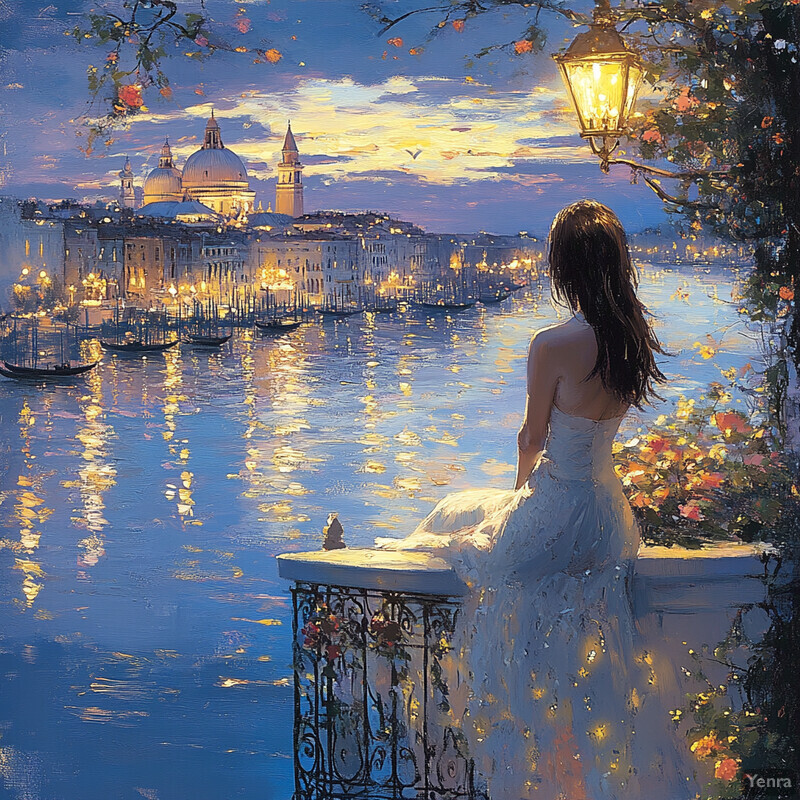 A woman sits on a balcony overlooking a city skyline at dusk, lost in thought as she takes in the beauty of the scene before her.