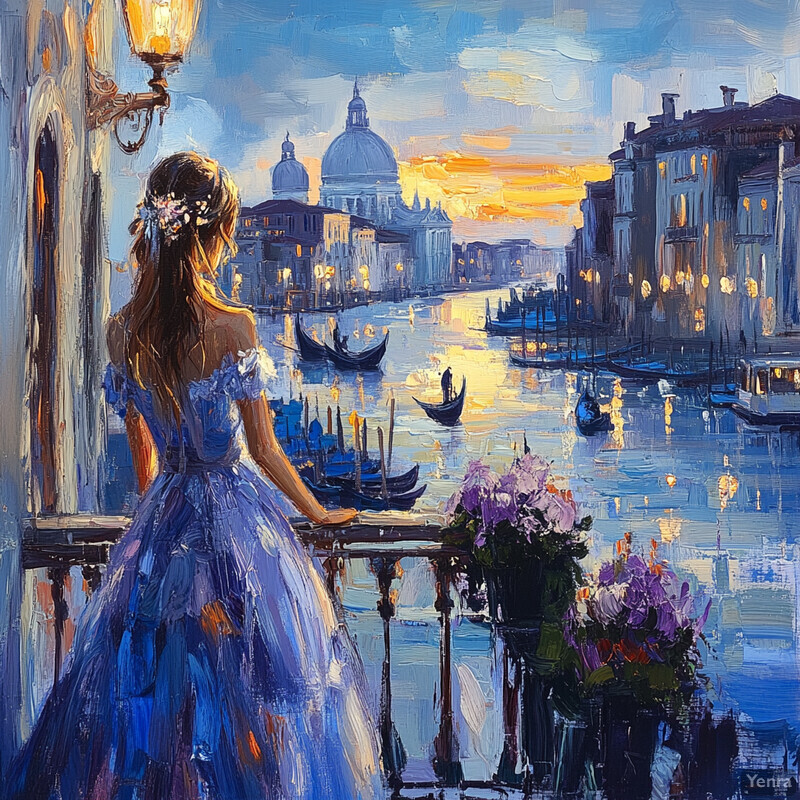 A woman in a blue dress gazes out at a canal in Venice, Italy, as the sun sets behind her.