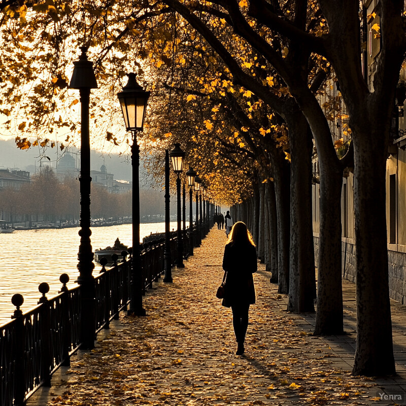 Autumnal scene along a riverbank with a woman walking on a cobblestone path