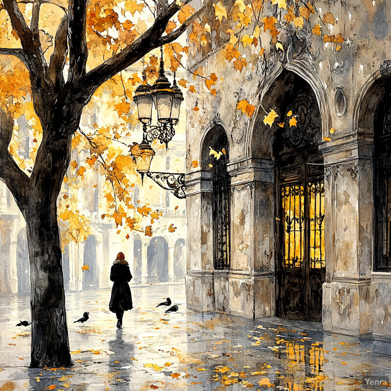 A woman walks through an autumnal street with a large tree and yellow leaves in the background.