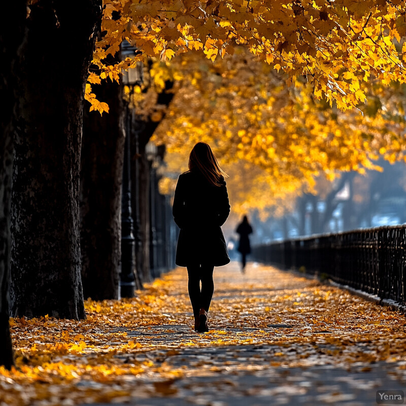 Autumnal scene with a woman walking down a path covered in fallen leaves