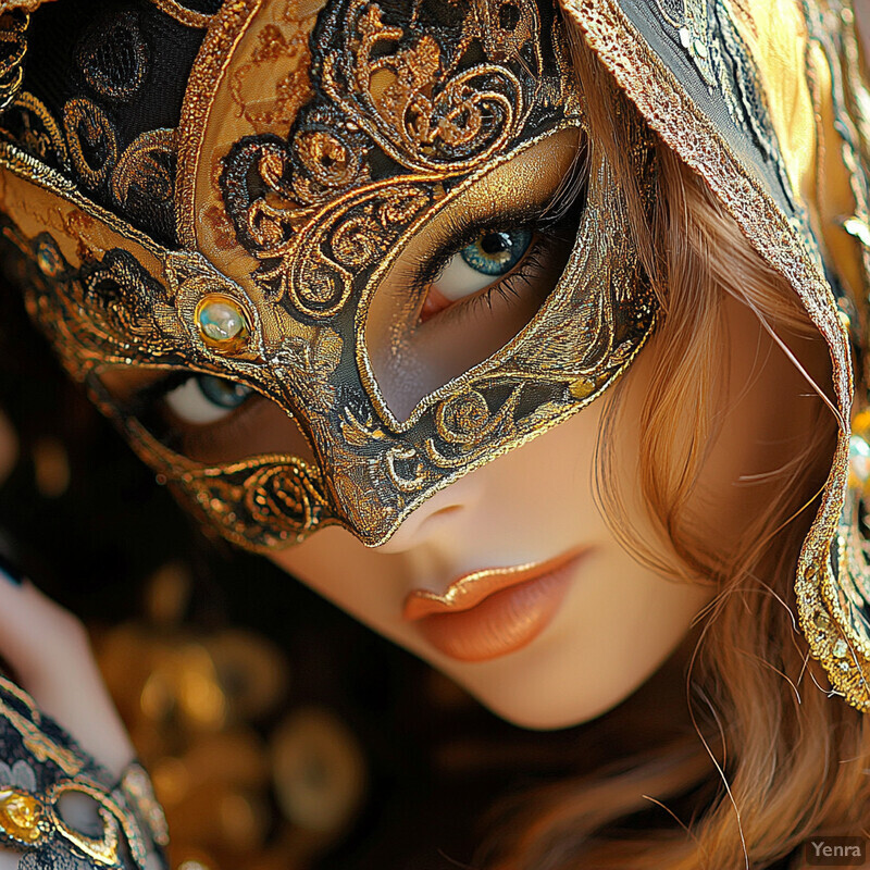 A woman wearing an ornate gold and black mask with intricate designs, covering her eyes and nose.