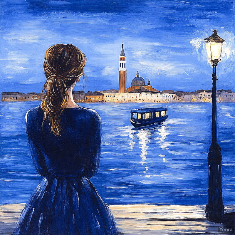 A woman gazes out at a serene body of water, lost in thought.