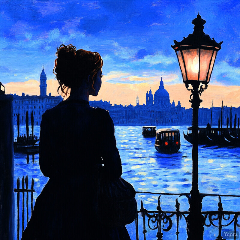 A woman stands on a bridge overlooking the Grand Canal in Venice, Italy, gazing out at the canal as the sun sets over the city.