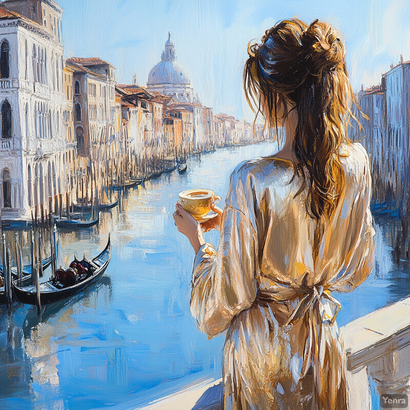 A serene morning scene in Venice, Italy, with a woman sipping coffee on a bridge overlooking a canal.