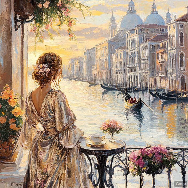 A woman stands on a balcony overlooking a canal in Venice, Italy, surrounded by elegant decorations and a tranquil waterway.