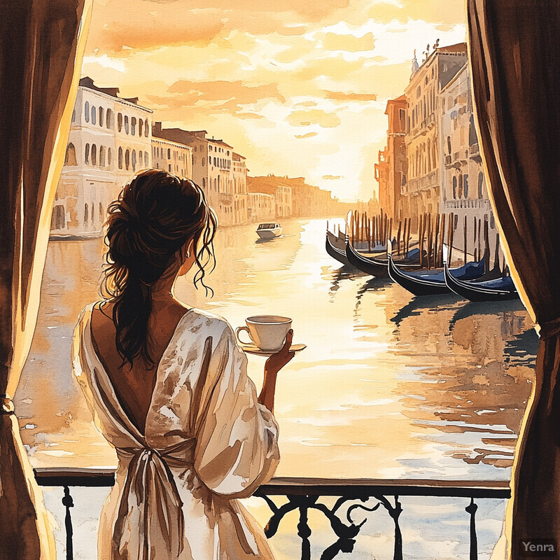 A woman in a white robe looks out at a canal in Venice during sunrise