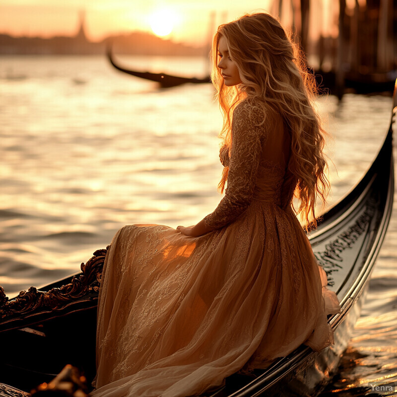 A woman sits on a gondola in Venice, surrounded by serene waters and majestic architecture.