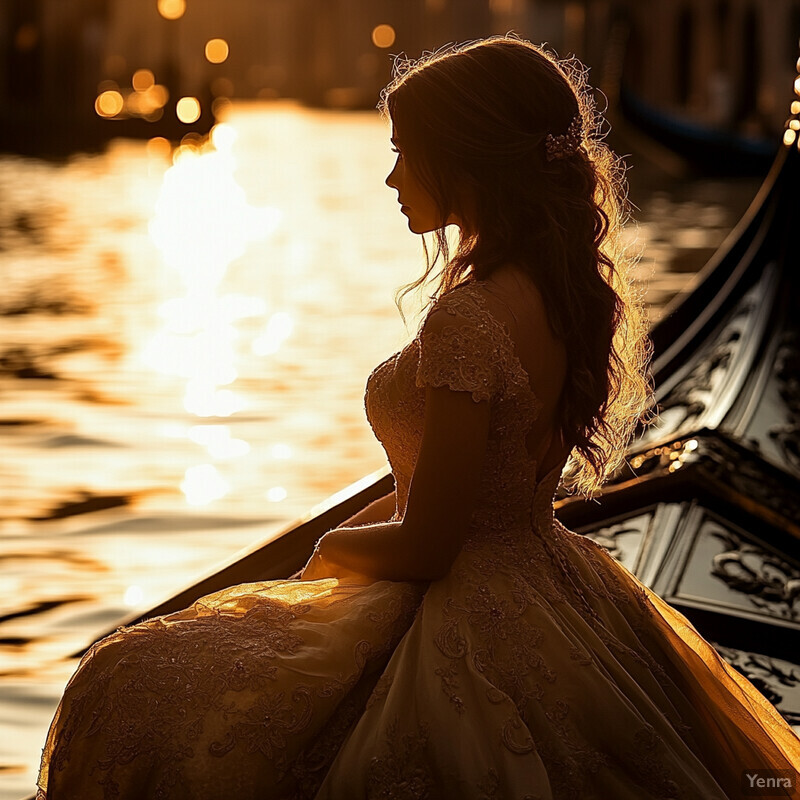 A woman in a wedding dress sits on the edge of a gondola, surrounded by the beauty of Venice's canals at sunset.