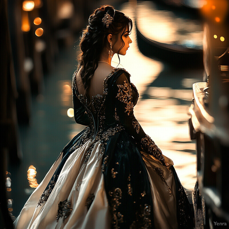 A woman stands on a bridge overlooking the Grand Canal in Venice, Italy, at night, wearing an elegant black and white dress with intricate gold embroidery.