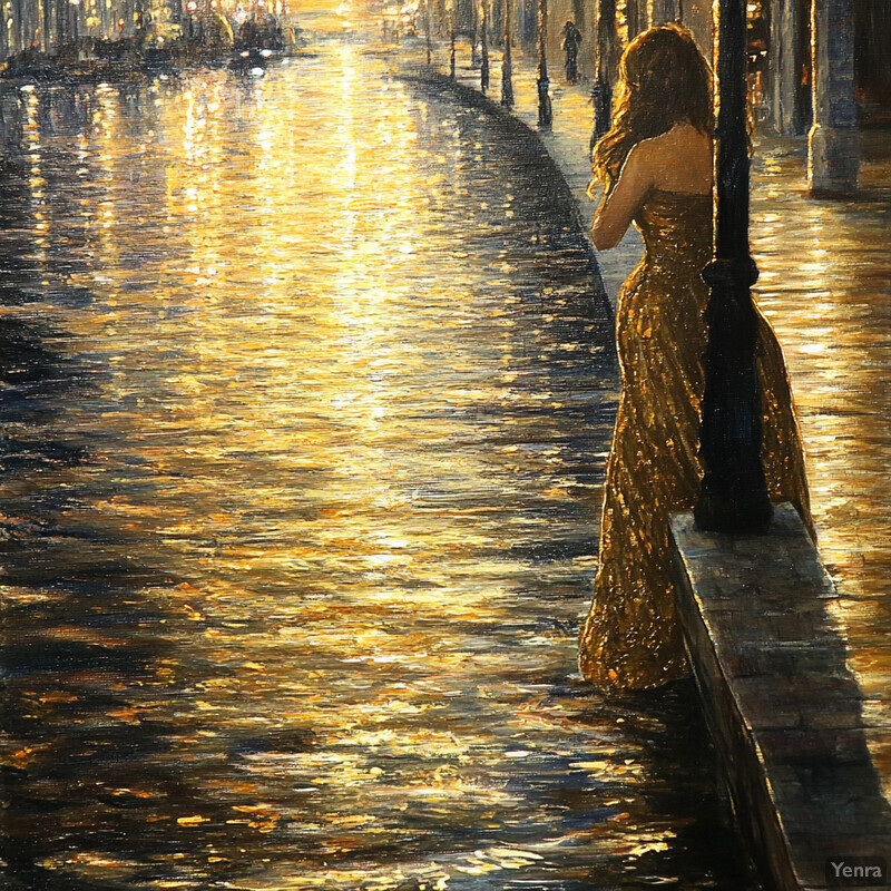 Woman in long dress gazing at her reflection in the river below