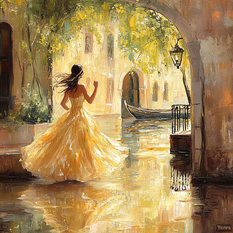 A woman in a yellow dress running down a street or alleyway