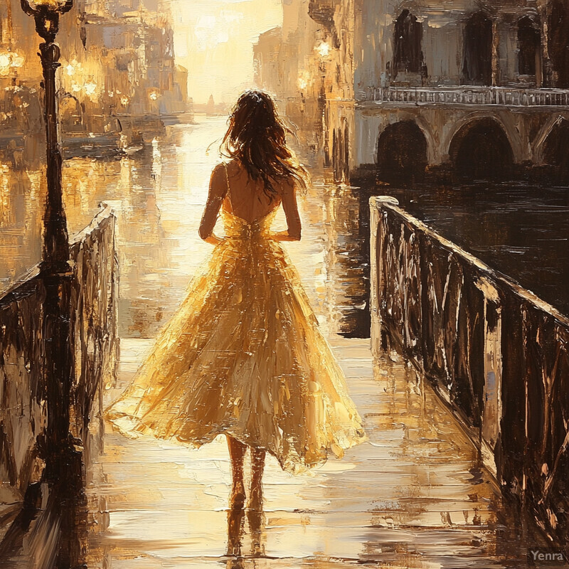 Woman in yellow dress walking over bridge