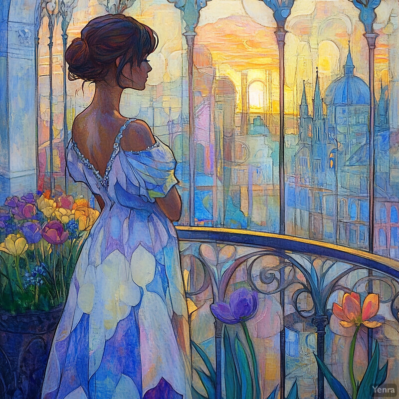 A woman stands on a balcony overlooking a cityscape at sunset, dressed in a flowing white dress with lace details.