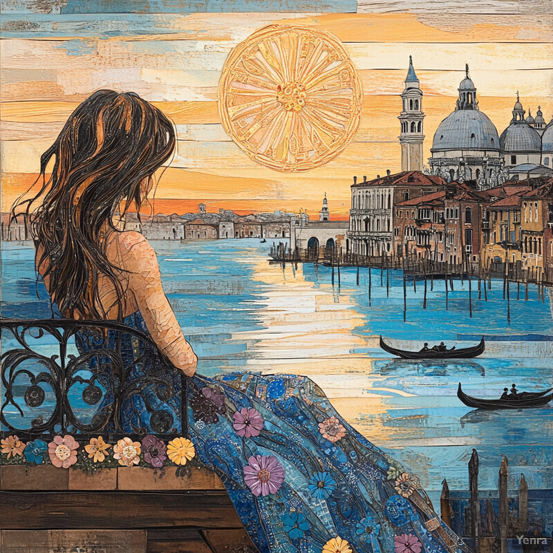 A serene scene of a woman sitting on a balcony overlooking the Grand Canal in Venice