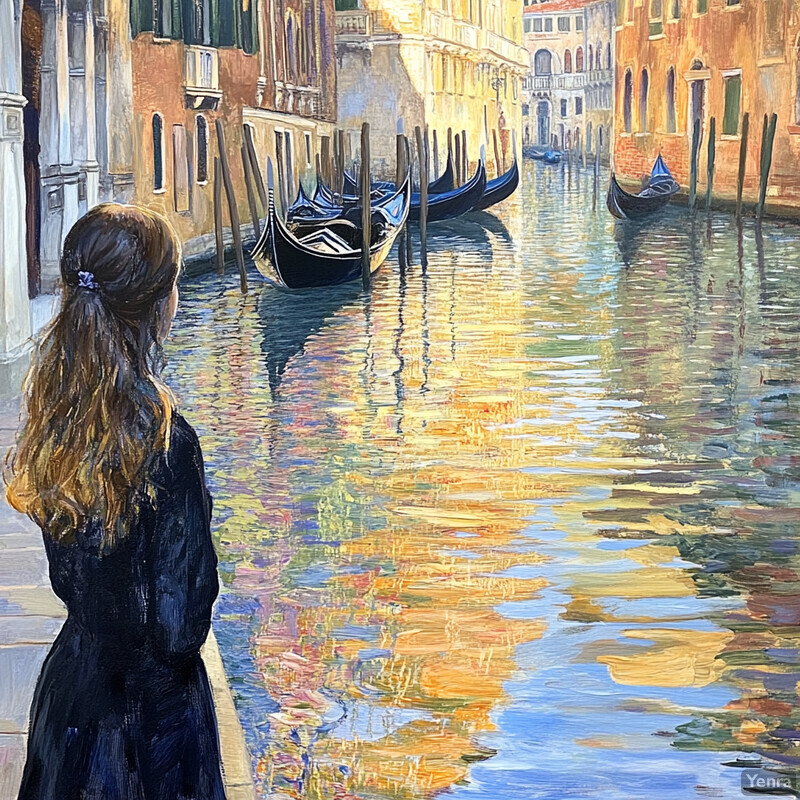 A woman stands by a canal in Venice, Italy, surrounded by boats and reflecting buildings.