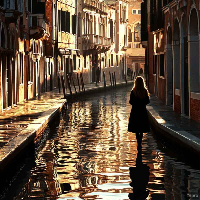 A woman walks along a canal in Venice, Italy, surrounded by historic buildings and reflecting water.