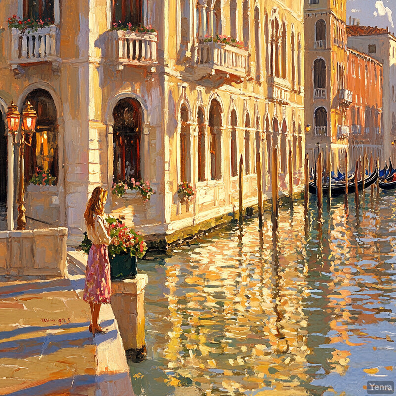 A serene scene of a woman standing on a canal in Venice, Italy, with buildings and flowers in the background.