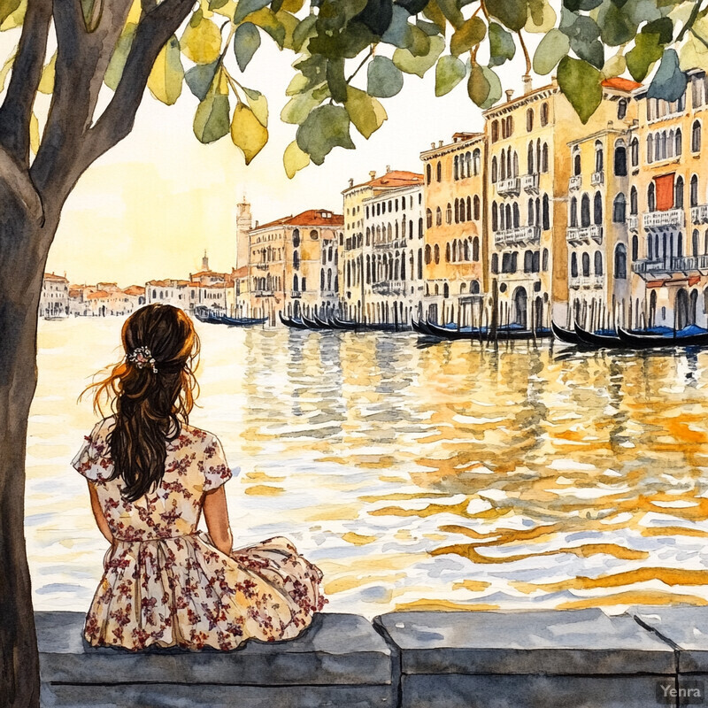 A serene watercolor painting of a woman sitting on a stone bench, gazing out at the canal in Venice.