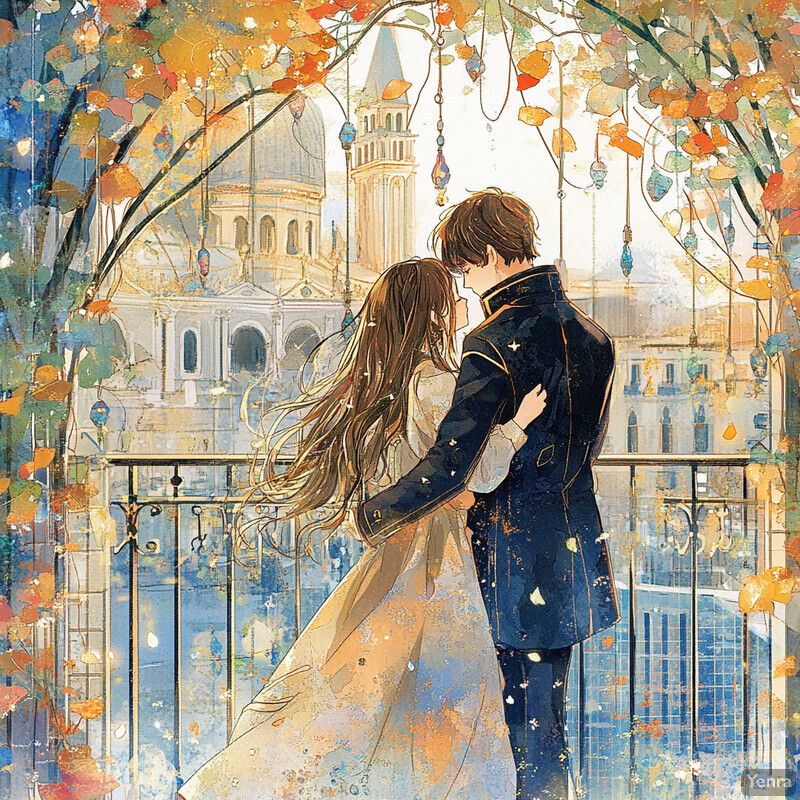 A romantic scene of a man and woman embracing on a balcony overlooking the cityscape