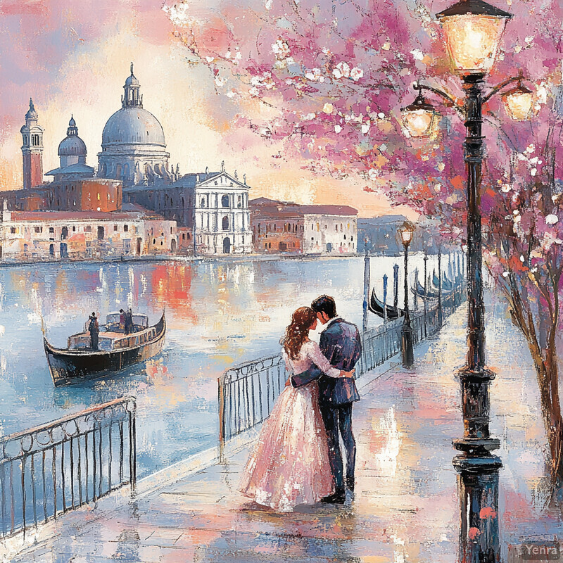 A romantic scene of a couple embracing on a bridge overlooking a canal in Venice, Italy.