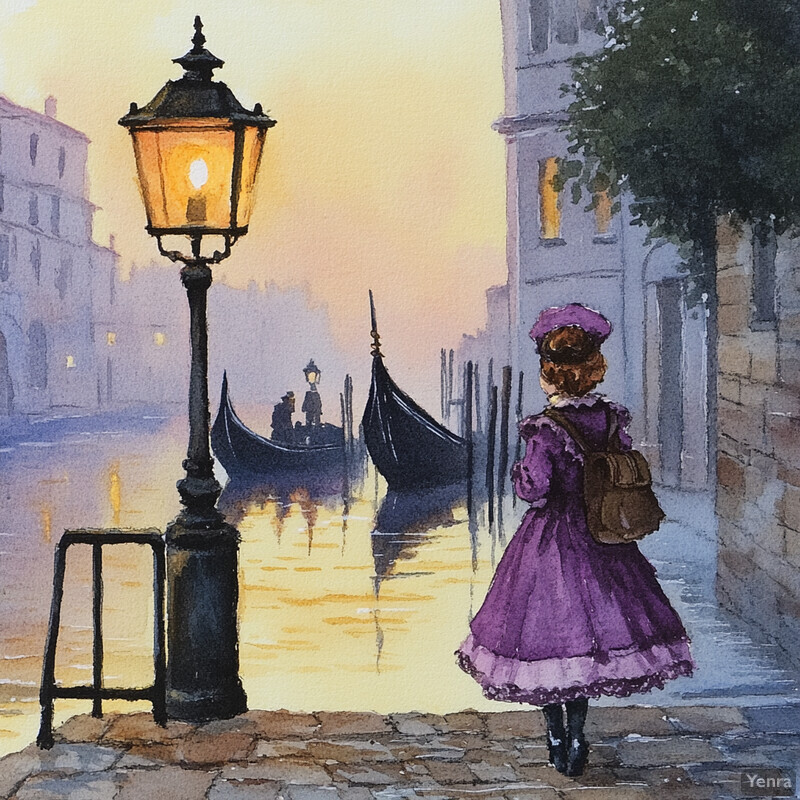 A woman in purple stands on a cobblestone street, gazing at the Grand Canal in Venice