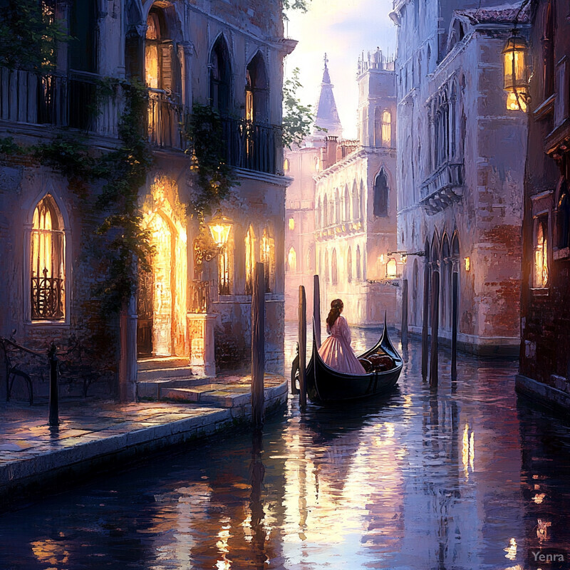 Woman in a long dress standing on a gondola in Venice's canals at dusk