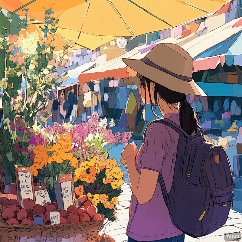 A woman in a tan hat admires flowers at a vibrant market