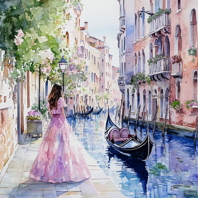 A woman in a pink dress strolls along a picturesque canal in Venice, Italy.