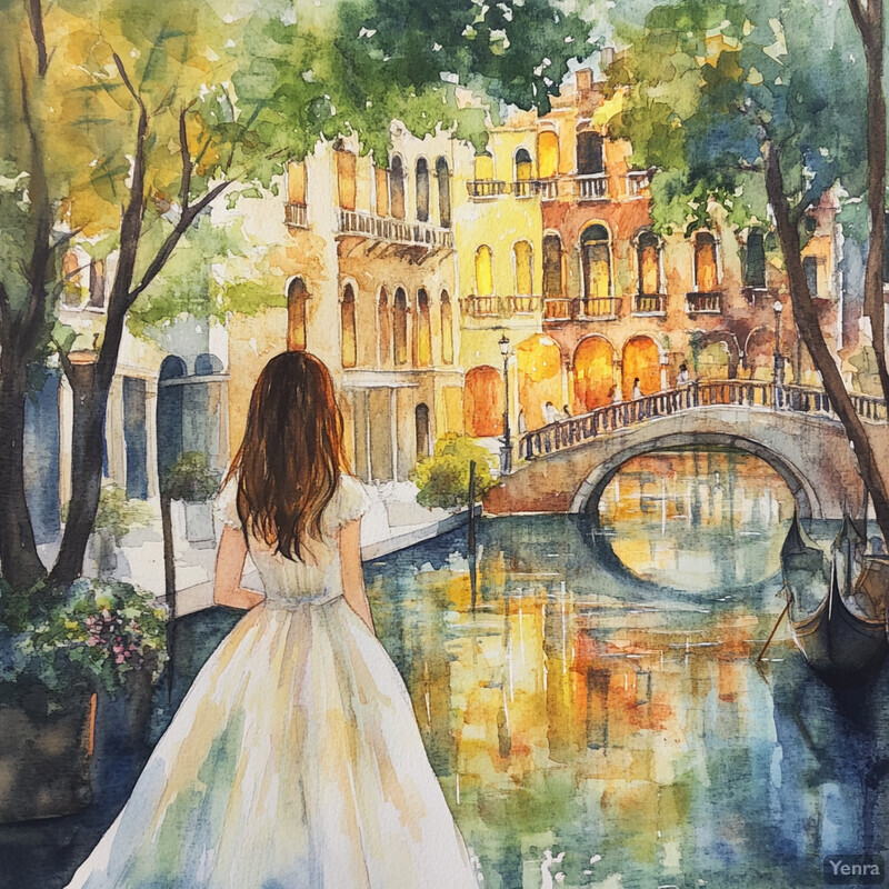 A serene and idyllic painting of a woman in a white dress standing on a bridge over a canal or river