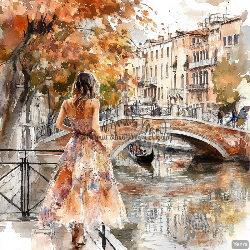 A woman in a long dress stands on a bridge overlooking a canal.