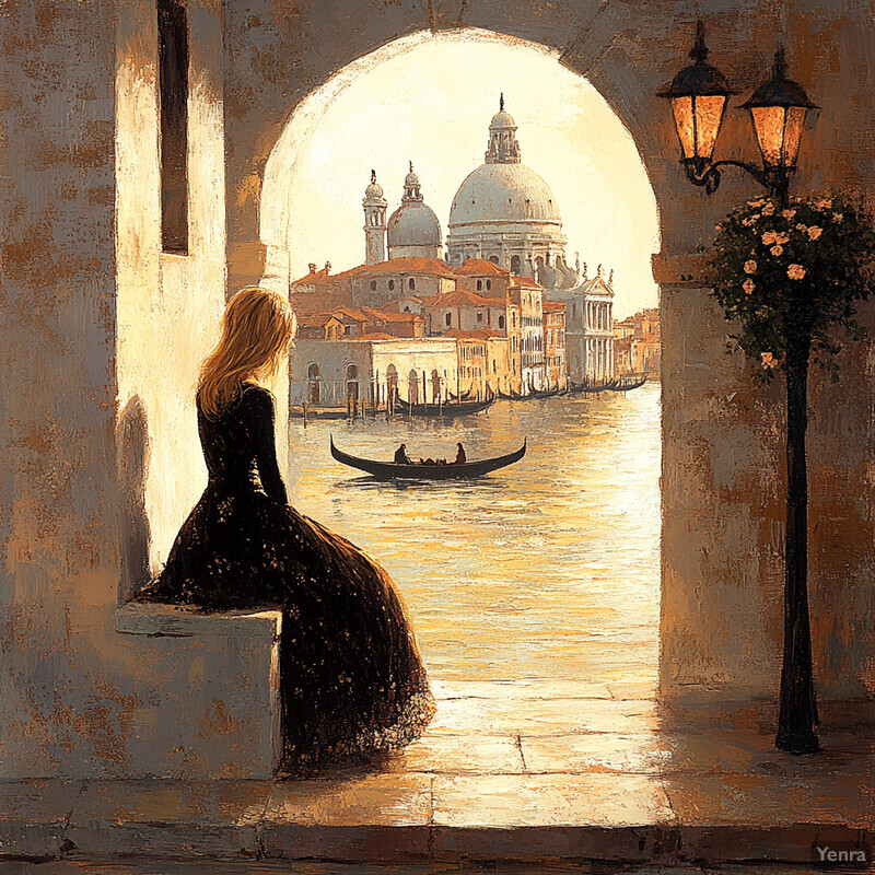 Woman sitting on an archway overlooking the Grand Canal in Venice