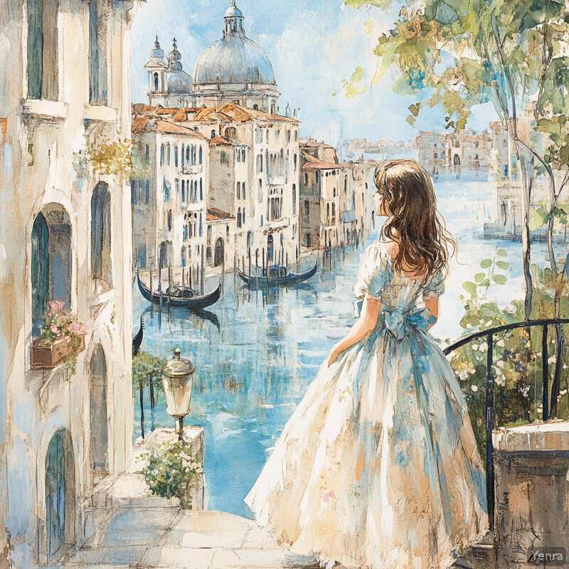 A woman stands on a balcony or ledge, gazing out at a Venetian canal, surrounded by soft lighting and elegant attire.