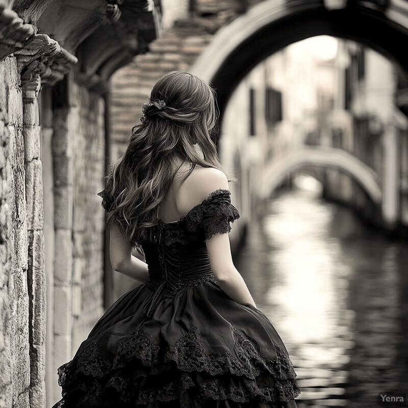 A woman in a black dress stands on a bridge or canal walkway overlooking a body of water.