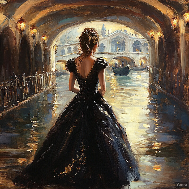 Woman in black dress standing on bridge over canal