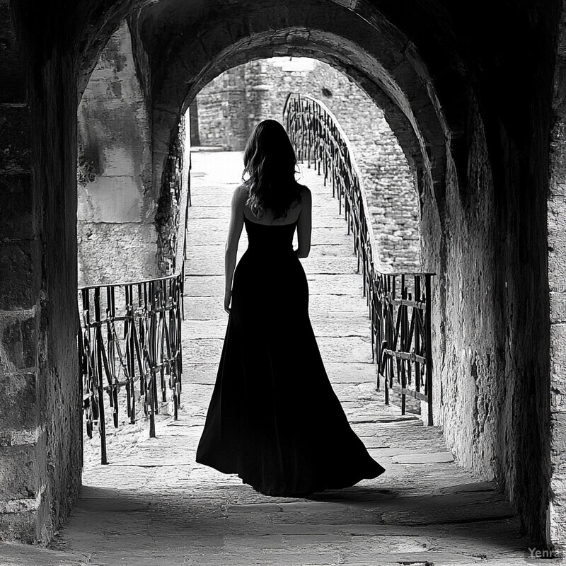 A woman in a long, dark dress walks through an arched stone passageway.