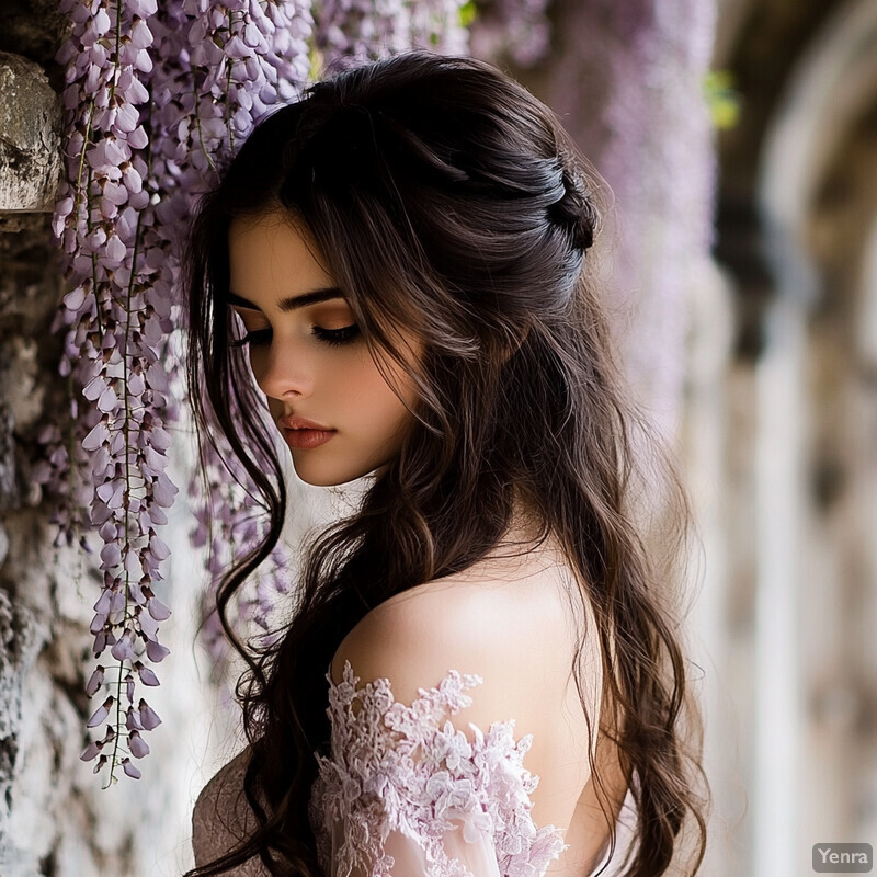 A young woman with long brown hair and fair skin stands in front of a stone wall covered in purple wisteria vines, wearing a white dress with pink lace flowers on her shoulders.