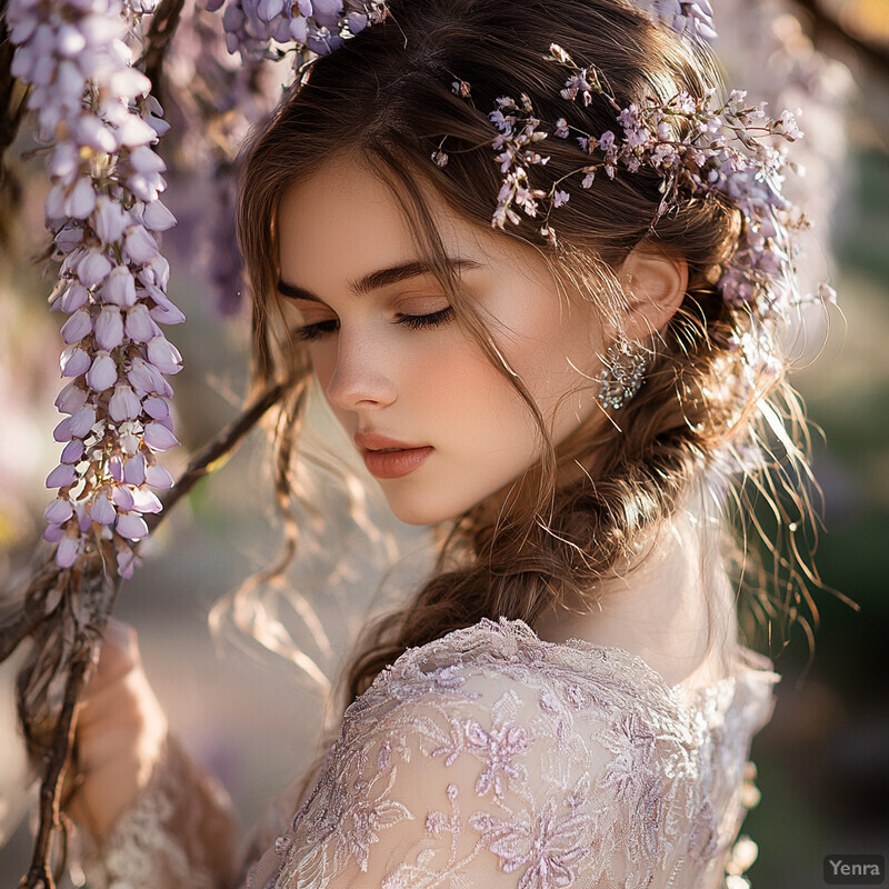 A young woman in a white wedding dress with a braid adorned with small purple flowers gazes downwards in an outdoor setting.