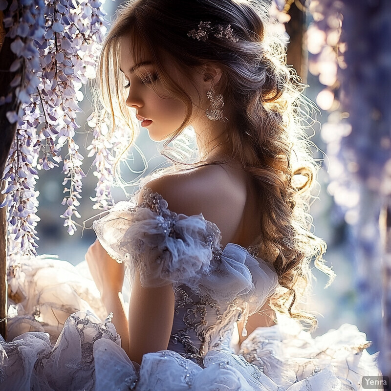 A young woman in a white dress surrounded by flowers