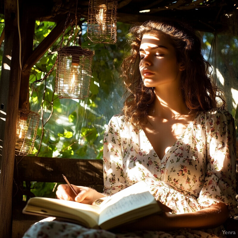 A serene and idyllic scene of a woman sitting in a wooden gazebo surrounded by lush greenery.