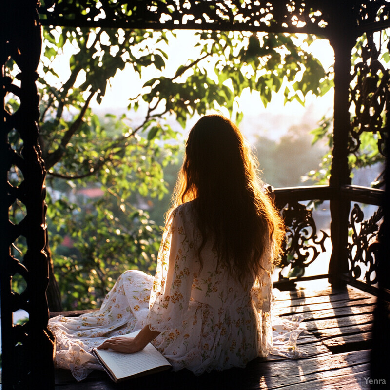 A serene photo of a woman reading on a wooden deck or gazebo surrounded by greenery and trees.