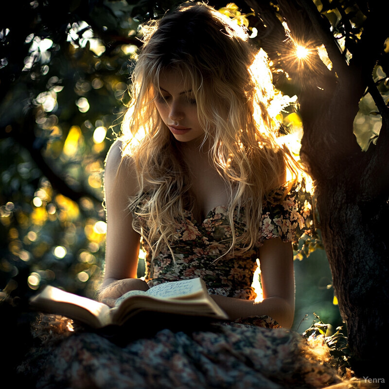 A serene scene of a woman sitting in a tree, reading a book under dappled sunlight.