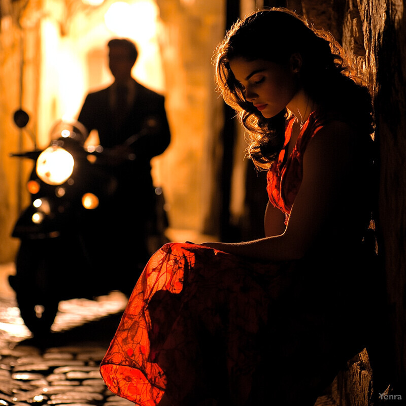 A woman sits on the ground in an alleyway at night, with a man standing behind her and a moped nearby.