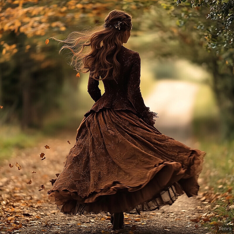 A woman walks along a path surrounded by autumnal foliage, her long brown hair flowing behind her and a delicate silver hairpiece adorning her forehead.