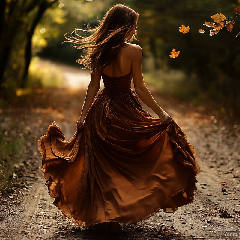 A woman walking down a dirt path in an autumnal setting